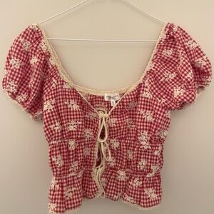 One Clothing Red Gingham Floral Blouse